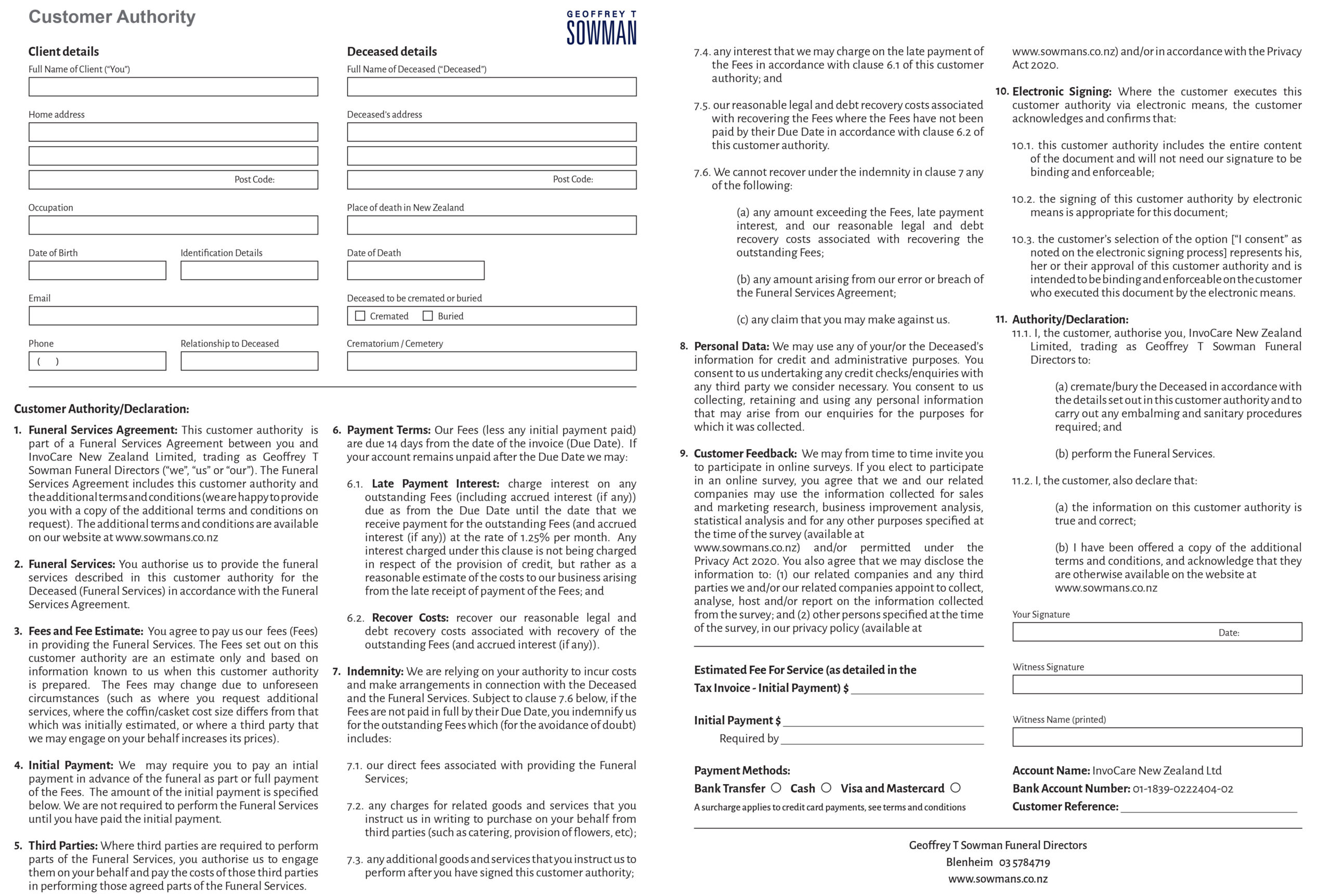 Geoffrey T Sowman Funeral Directors Customer Authority Form